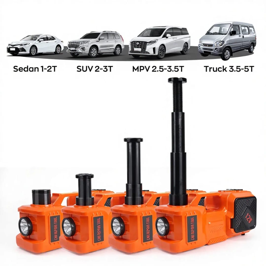 Compact carry case that stores the full 5-in-1 electric hydraulic car jack kit